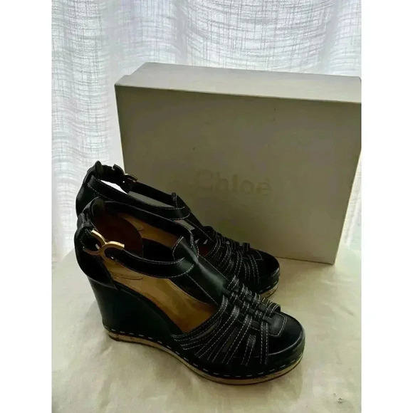 CHLOE Marcie Black Leather T-Strap Platform High Heel Wedge Sandal Size 38 1/2 - Picture 5 of 10